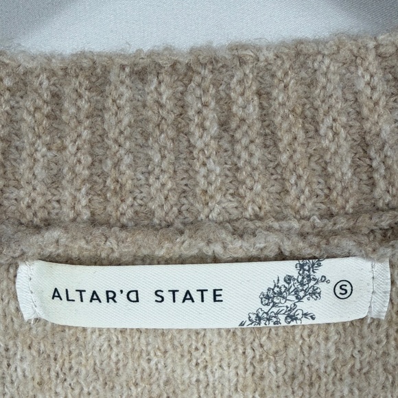 Altar'd State Tan Cardigan & Cream Bows. Oversized Small. Defect small hole - Picture 2 of 6